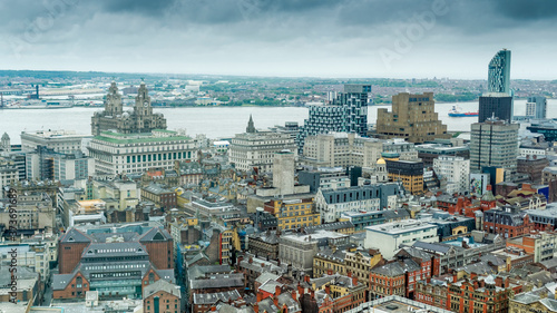 Liverpool, England - May 28, 2017: Aerial skyline view of Liverpool city centre from the Radio City Tower built in 1969.