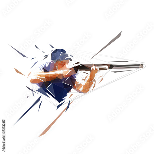 Trap shooting, aiming athlete with gun, low polygonal isolated vector illustration. Geometric drawing from triangles