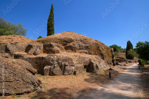 Cerveteri Necropolis, Etruscan tomb with tumuli and view of the via sacra, Etruscan necropolis, Rome, Italy. Ancient Etruscan city, the Banditaccia necropolis located on a tuff hill.