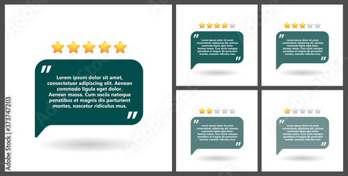 Set of blocks of quotes for statements or comments on a white background. Speech bubble templates with space for text and five stars, number of reviews. 
