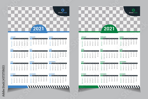 Modern 2021 Years Pocket Calendar, Wall One Page Calendar 2021, Set of 12 months. Week starts on Sunday. blue, green color white background.