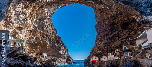 Panoramic view from the spectacular interior of the cave of the town of Poris de Candelaria on the north-west coast of the island of La Palma, Canary Islands. Spain. Pirate town