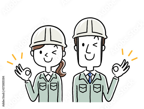 Stock illustration: young men and women wearing work clothes, ok sign