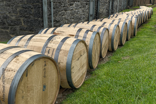 Line of bourbon barrels, Woodford Reserve distillery, Versailles, Kentucky. (Editorial Use Only)