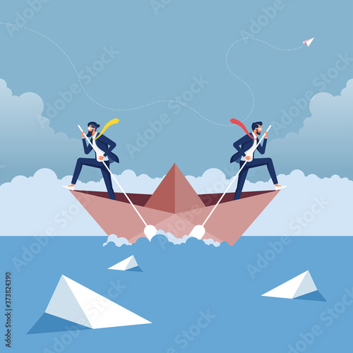 Business disunited concept-Two businessmen paddling in opposite directions, Businessmen in the boat are rowing at the opposite direction from each other