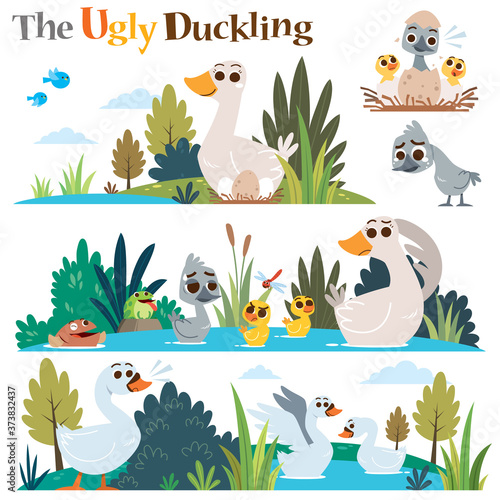 Vector Illustration of Cartoon characters The ugly duckling. Children's Fairy tale.