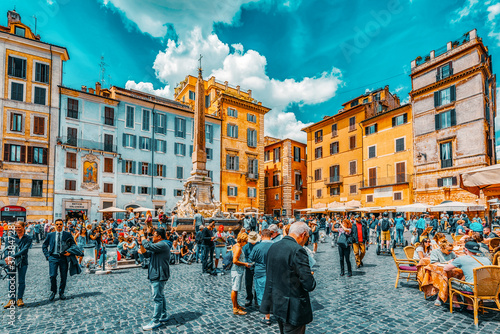 ROME, ITALY - MAY 10, 2017 : Rotund Square (Piazza della Rotonda) and Pantheon Fountain( Fontana del Pantheon) near Pantheon, Rome, Italy.