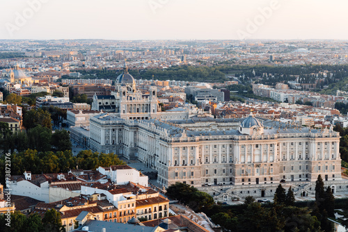Madrid city centre aerial panoramic view at sunset. Royal Palace