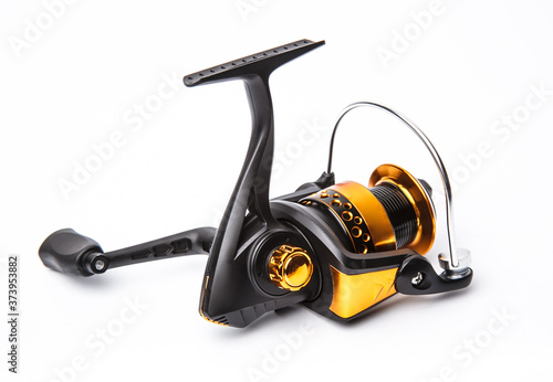 Modern fishing reel on a white background