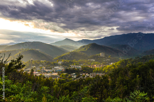 Sunrise Over Gatlinburg, Tennessee. Misty morning sunrise over the mountain resort town of Gatlinburg Tennessee.