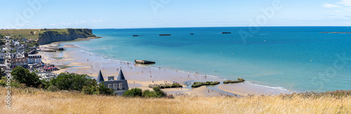 Arromanches, France - 08 04 2020: View of the Landing Beach from the cliffs