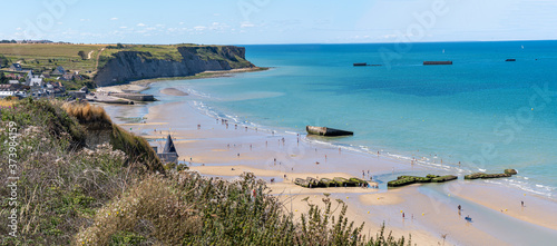 Arromanches, France - 08 04 2020: View of the Landing Beach from the cliffs