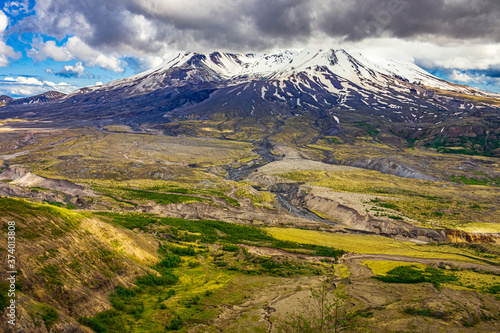 mt. st. helens with lahar field and clouds