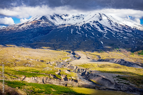 mount st. helens with lahar field