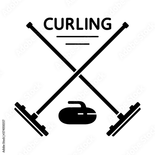 Silhouette Curling poster. Two crossed brooms, stone and text. Outline icons of winter sport game. Black illustration for t-shirt design. Flat isolated vector on white background