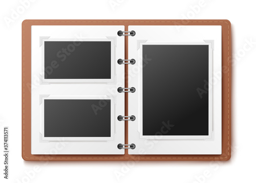 Photo album pages with photography frames realistic vector illustration isolated.