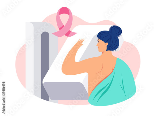  Illustration of a woman getting a breast cancer screening test / mammogram on x-ray machine in a hospital. Breast Cancer Awareness concept. Pink breast cancer ribbon, mammography machine - vector