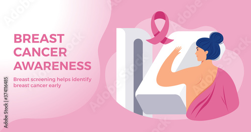 Breast Cancer Awareness month pink banner template - a woman at hospital breast cancer screening with a breast cancer pink ribbon on pink background. Vector illustration flat style