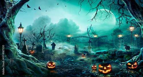 Jack O' Lanterns In Graveyard In The Spooky Night - Halloween Backdrop 