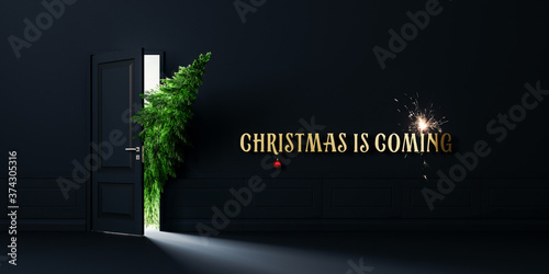Green fir tree enters the door, Christmas is coming concept background 3D Rendering