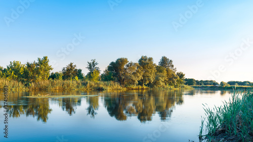 Scenery of silent rural lake near green forest.