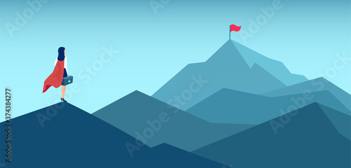 Vector of a super woman looking at her goal, mountain with flag on the top