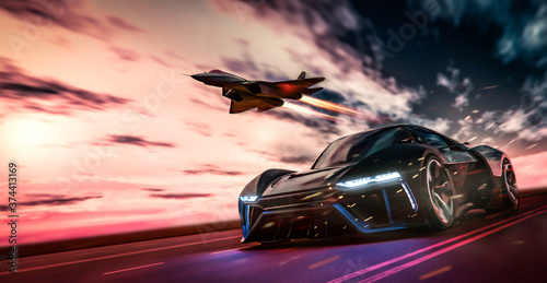 Futuristic sports car racing with fighter jet on dramatic cloudy environment (3D Illustration)