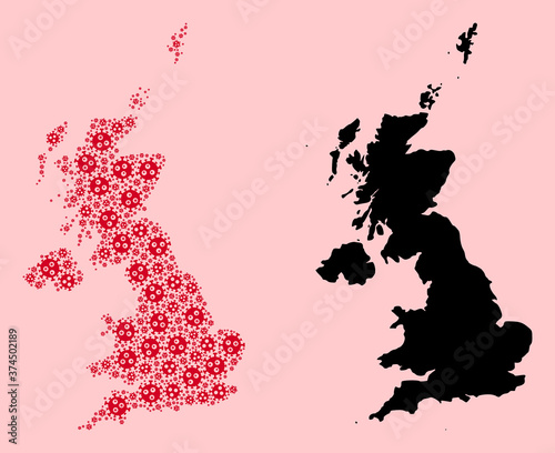 Vector Mosaic Map of United Kingdom of Covid-2019 Virus Particles and Solid Map