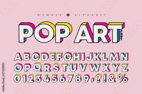 Modern pop art 3 dimensional letters and number set. Stylish bold font or typeface for headline, title, poster, web design, brochure, layout or graphic print. Flat vector 3D alphabet & number.