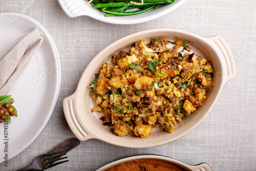 Traditional Thanksgiving side dish, cornbread stuffing in a baking dish