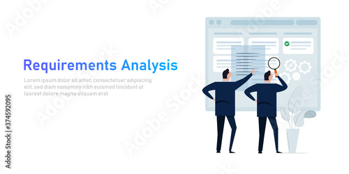 Requirement analysis in business or system development creating software requirement and specification describing user task in document with team