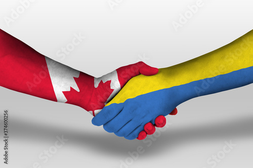 Handshake between ukraine and canada flags painted on hands, illustration with clipping path.