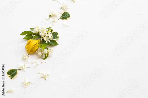 yellow flowers ylang ylang with white flowers jasmine local flora of asia arrangement flat lay postcard style on background white 