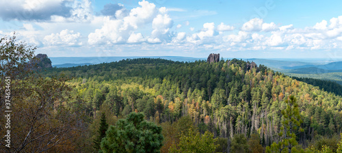 Krasnoyarsk, Stolby Nature Sanctuary, panoramic view of Taiga forest in Siberia