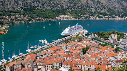 A cruise ship moored at the UNESCO World Heritage Site of the Old Town of Kotor
