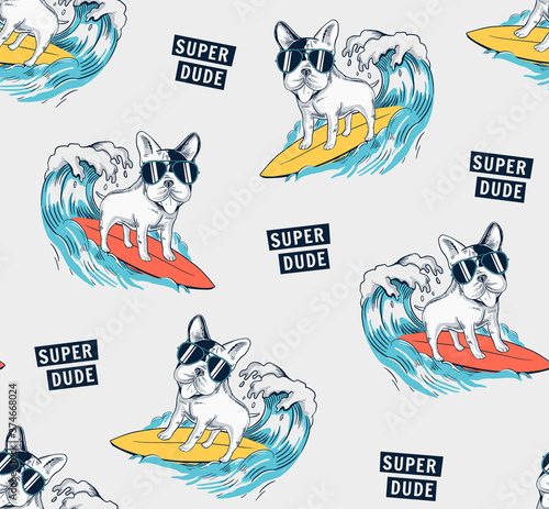 Cool dog surfing vector illustration with text. Seamless pattern for t-shirt prints and other uses.