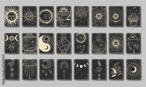 Set of decorative tarot cards. Vintage retro vintage engraving style. the sun, moon phases, crystals, magic symbols. print in the interior and design. vector graphics