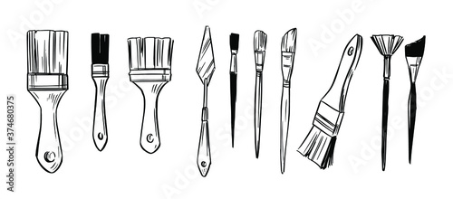 Set of paint brushes. Hannd drawn sketch. Vector illustration