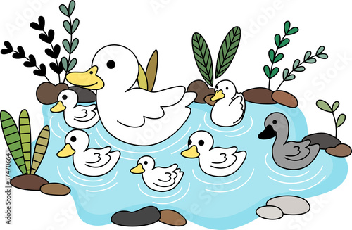 The ugly duckling is floating on the water with mommy and the five little ducks