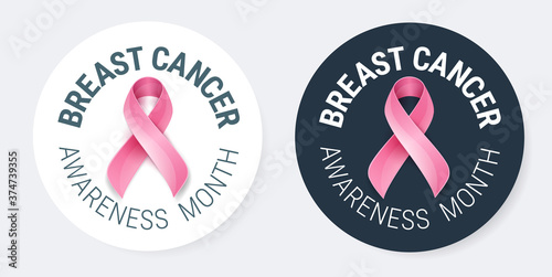 Breast Cancer Awareness pins design template - pink ribbon and text 'Breast Cancer Awareness Month' in round shape - vector illustration