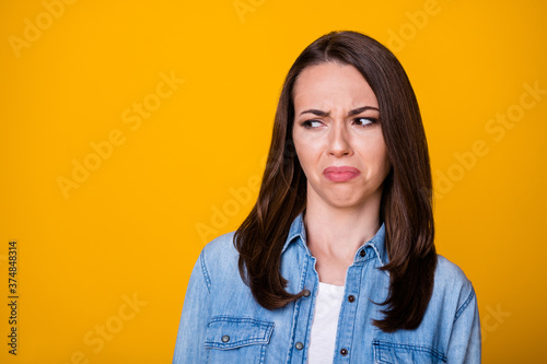 Portrait of frustrated girl look copyspace dislike spoiled scent wear casual style clothes isolated over vivid color background