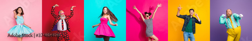 Collage photo six cool funny active modern people diversity fancy ladies hipster guys men good mood discotheque festive clubbers isolated many colors violet teal yellow pink red background