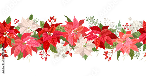 Christmas Poinsettia vector garland border, Watercolor floral winter season frame, holiday seamless background, with rowan berries, pine branch, star flowers, xmas decoration banner