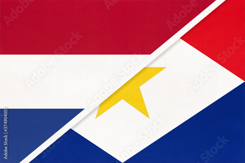 Netherlands or Holland and Saba symbol of national flags from textile. Championship between two countries.