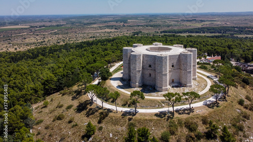 Aerial view of the Castel del Monte in Southern Italy - Octogonal shaped castle built by the Holy Roman Emperor Frederick II in the 13th century in Apulia