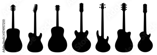 Guitar silhouettes set.Acoustic and heavy rock electric guitars musical instruments. Simple set of electric guitar vector icons for web design. Music symbols collection.Vector ilustration
