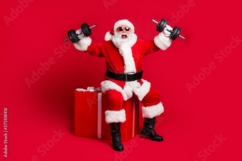 Full length photo of retired old man white beard sit giftbox hold dumbbells crazy strength scream wear x-mas santa costume glove coat belt sunglass cap boot isolated red color background