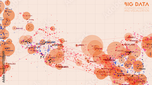 Cloud big data processing. Network analysis. Human connections representation. Science data threads scatter plot. Futuristic infographics aesthetic design. Spatial cyber visualization