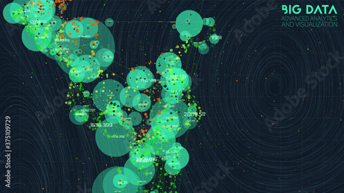 Cloud big data processing. Network analysis. Human connections representation. Science data threads scatter plot. Futuristic infographics aesthetic design. Spatial cyber visualization