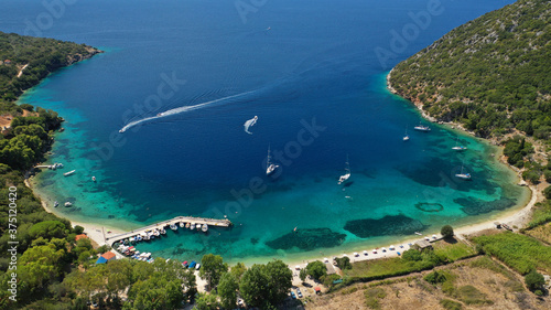 Aerial drone photo of bay and beach of Polis in Northern part of Ithaki or Ithaca island a safe sail boat anchorage, Ionian, Greece